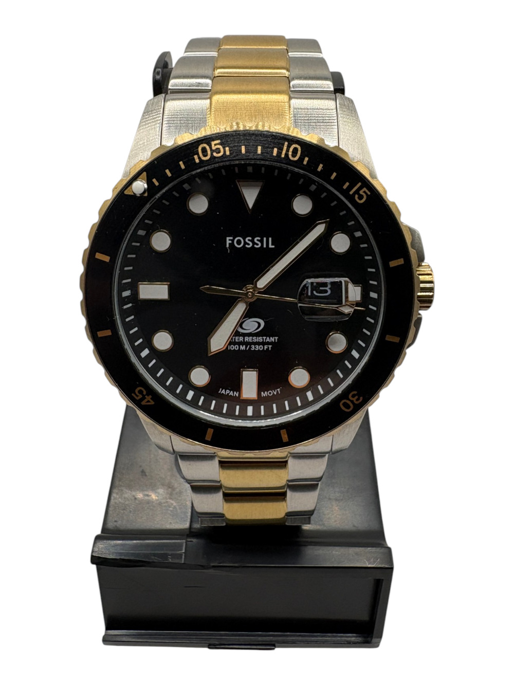 Fossil FB-01 Dive Watch Mens Black Gold Two-Tone Rotating Bezel 100M